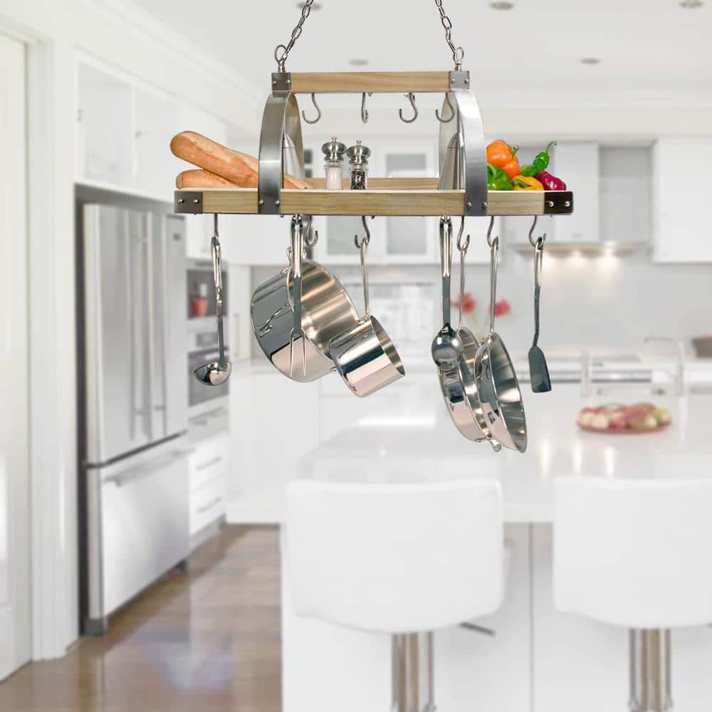 Natural Wood and Brushed Nickel 2-Light Ceiling Pot Rack