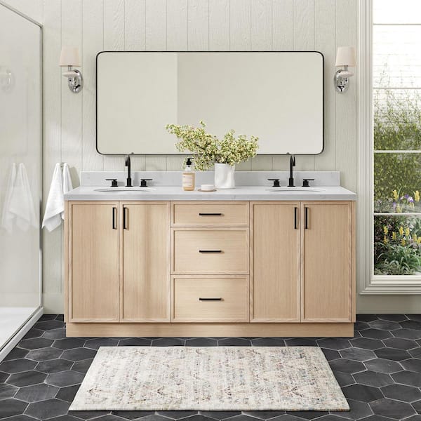 Kelly 72 in. Double Sink Freestanding Bathroom Vanity in White Oak with Carrara White Quartz Top