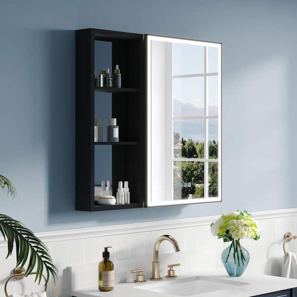 ANGELES HOME 32.01 in. W x 30 in. H Rectangular Black Aluminum Recessed/Surface Mount LED Medicine Cabinet with Mirror, Right Hinge