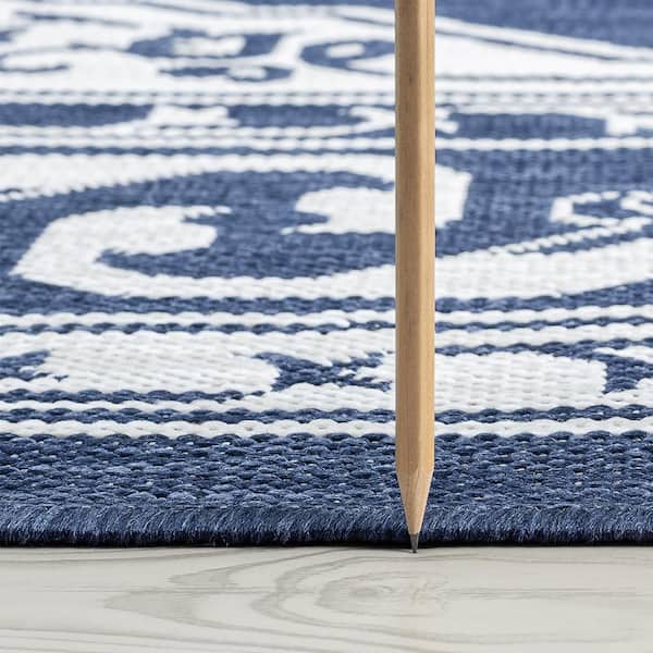 Eco Floral Navy 6 ft. Round Indoor/Outdoor Area Rug