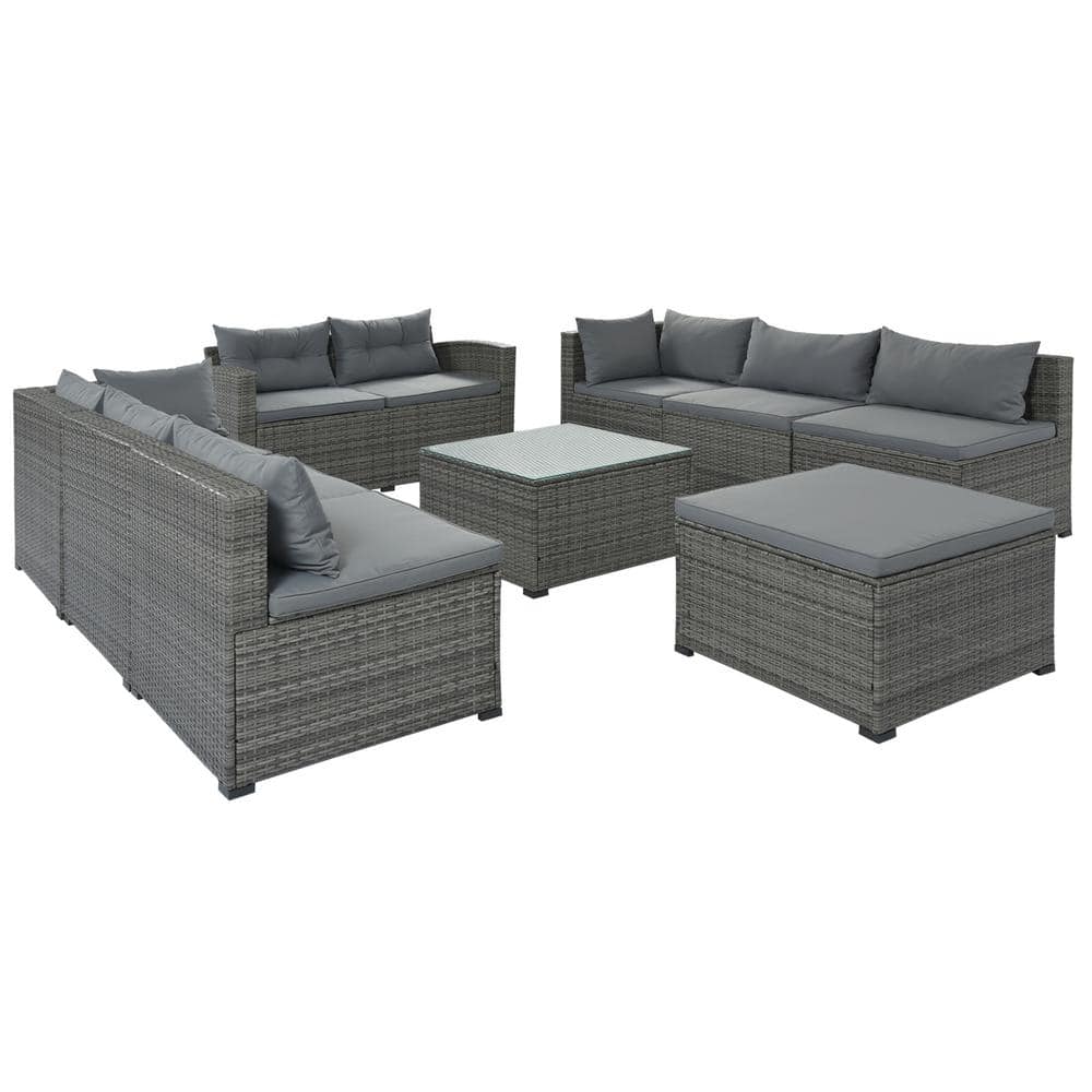 Gray 9-piece Wicker Patio Conversation Sectional Seating Set with Gray Cush