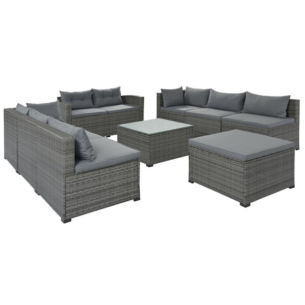 GOSHADOW Gray 9-piece Wicker Patio Conversation Sectional Seating Set with Gray Cushions