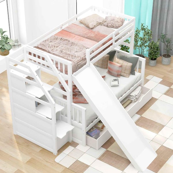 White Twin Over Full Bunk Bed with Drawers, Storage and Slide, Multifunction