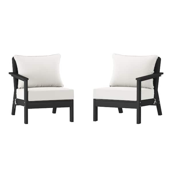 WESTIN OUTDOOR Birchwood Black Arrangeable Outdoor Patio 2-Piece Deep Seating HDPE Loveseat Arm Chair Set with White Cushions