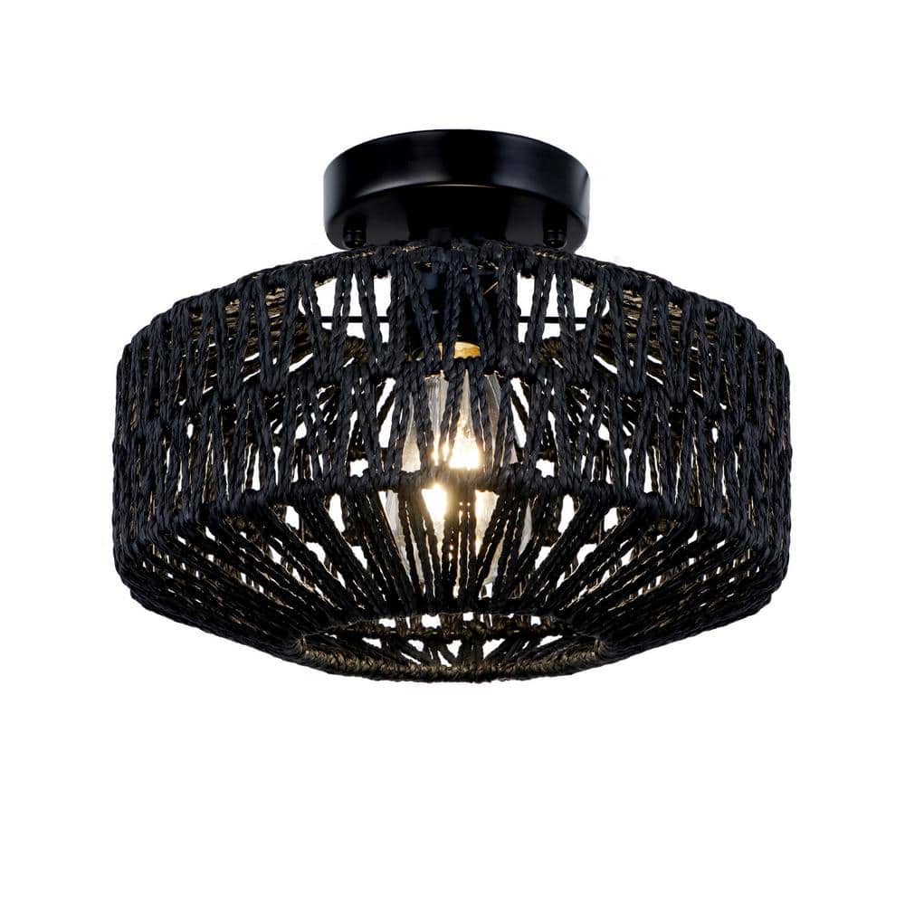 12 in. 1-Light Bohemian Black Rattan Black Semi Flush Mount Ceiling Light f
