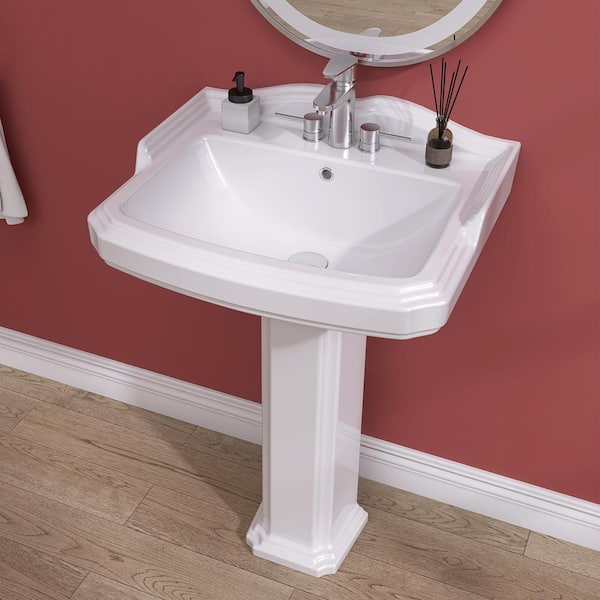 Getpro Vintage Rectangular Vitreous China Pedestal Combo Bathroom Ceramic Vessel Sink 4 in. Centerset Faucet Holes in White