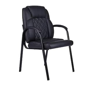 Faux Leather Office Guest Chairs, Upholstered Ergonomic Stationary Side Chairs in Black with Padded Arms (Set of 2)