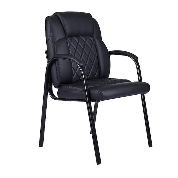 Faux Leather Office Guest Chairs, Upholstered Ergonomic Stationary Side Chairs in Black with Padded Arms (Set of 2)