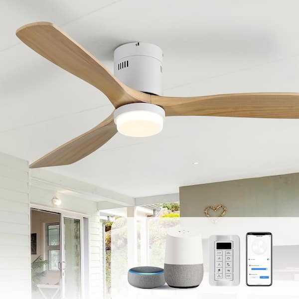 52 in. Indoor/Outdoor Smart Standard Flush Mount Solid Wood White Ceiling Fan with LED Light, App/Remote Control
