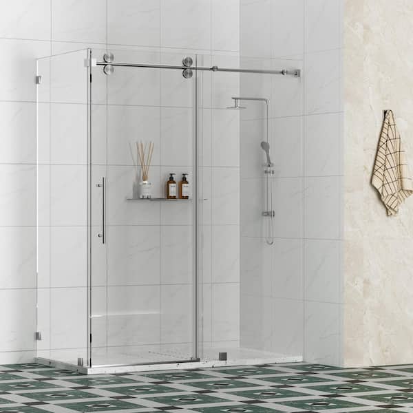 Kobiworks Radiance 66 in. W x 38 in. D x 76 in. H Sliding Frameless Corner Shower Enclosure in Brushed Nickel with Clear Glass