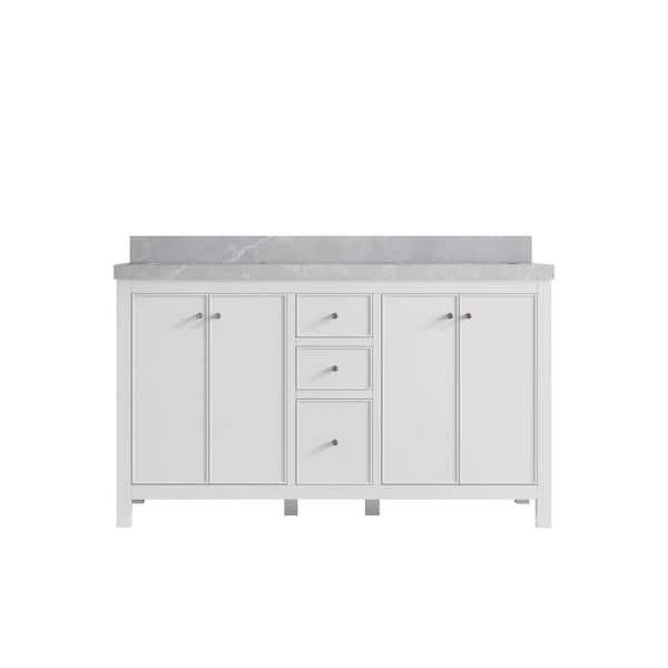 Willow Collections Chicago 60 in. Double Sink Freestanding White Bath Vanity with Pearl Gray Qt. Top Unassembled