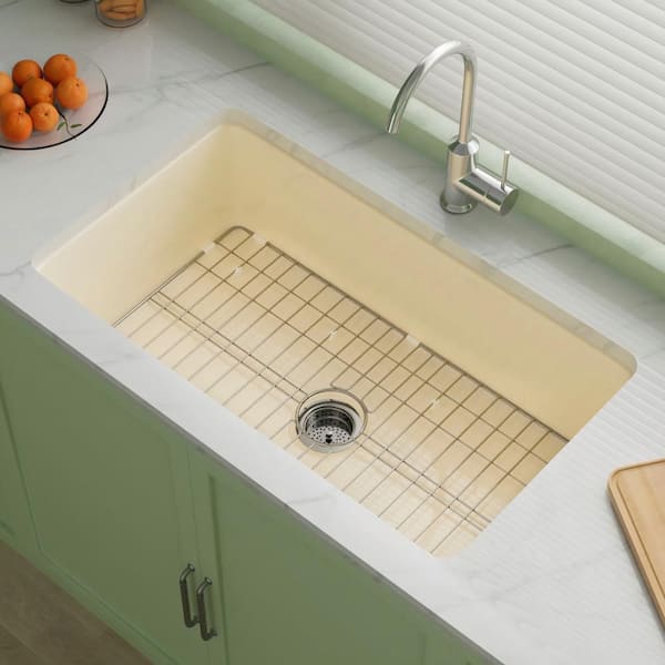 Bone Rectangular Fireclay 32 in. Single Bowl Undermount/Drop-In Kitchen Sink with Basket Strainer and Sink Grid