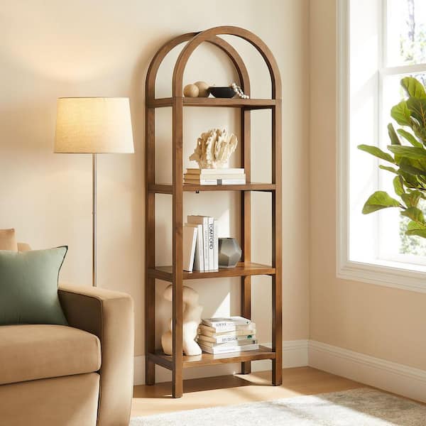 Vexley 72 Inch Tall Narrow Arched Wood Bookcase in Walnut