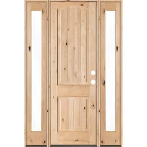 58 in. x 96 in. Rustic Unfinished Knotty Alder Arch Top VG Left-Hand Full Sidelites Clear Glass Prehung Front Door