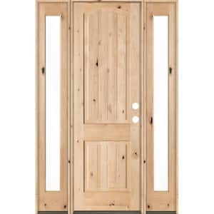 60 in. x 96 in. Rustic Unfinished Knotty Alder Arch Top VG Left-Hand Full Sidelites Clear Glass Prehung Front Door