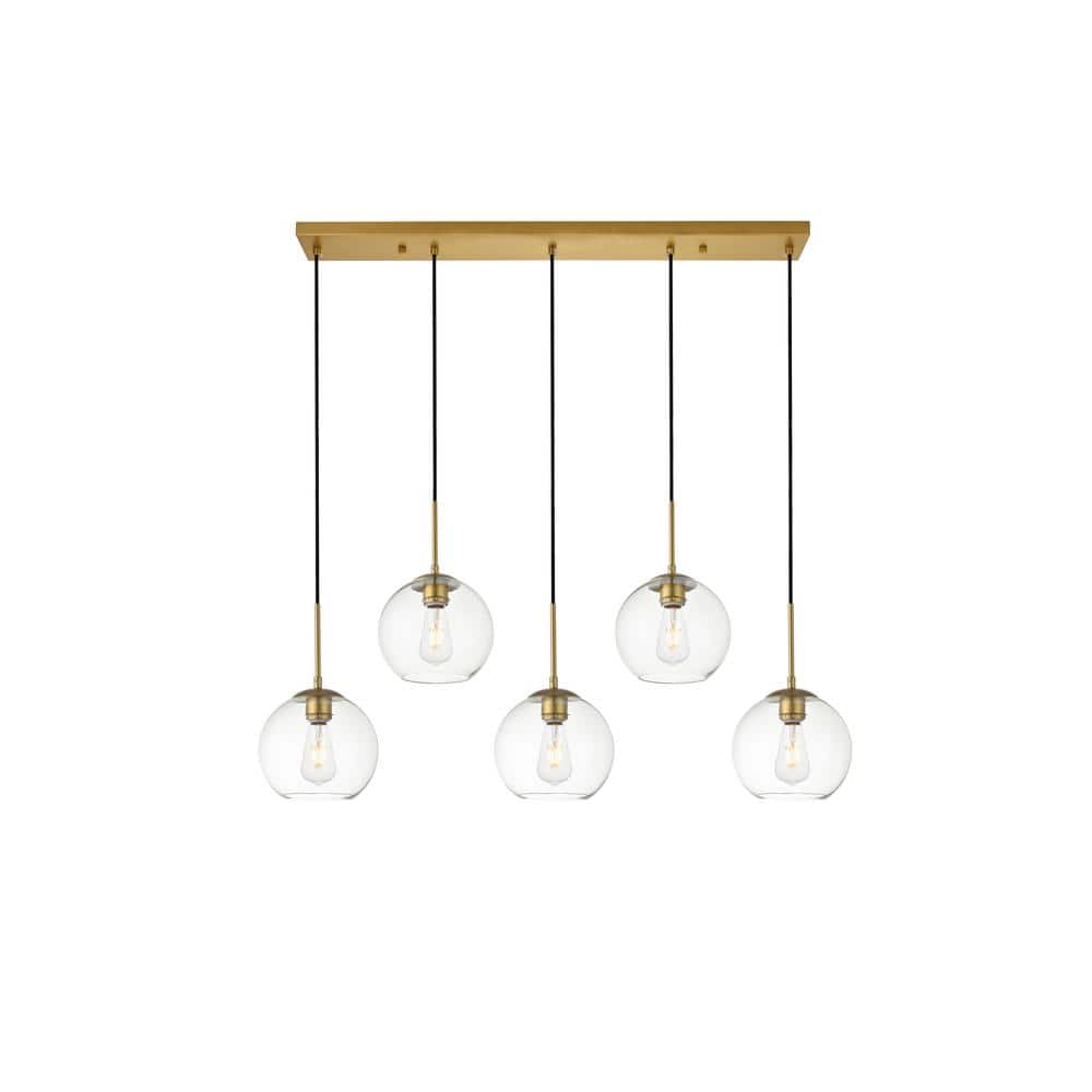 Timeless Home 41.7 in. 5-Light Brass And Clear Pendant Light, Bulbs Not Inc