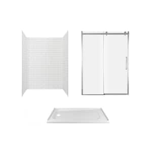 Passage 60 in. x 72 in. 3-Piece Glue-Up Alcove Shower Wall, Door and Base Kit with Left Hand Drain in White Subway Tile
