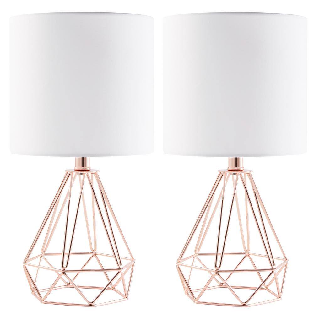 Rose Gold Table Lamps With Drum Shades, Angus Satin Nickel Geometric Table Lamp With White Shade
