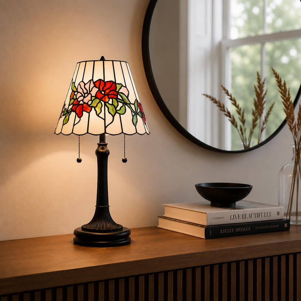 Quoizel Aurora 23.25 in. Matte Black Tiffany Table Lamp with Glass