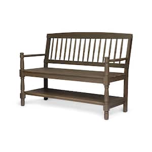 54 in. W Farmhouse-Style Wood Outdoor Bench with Back and Lower Shelf