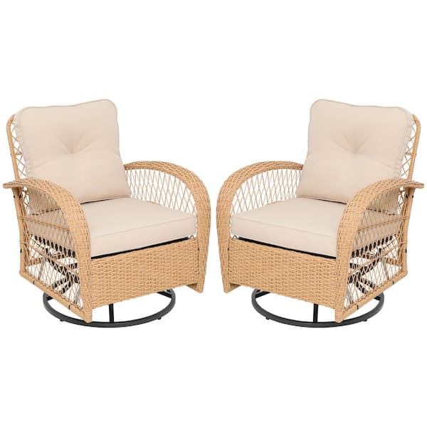 PATIOGUARDER 2--Piece Beige Wicker 360° Swivel Outdoor Rocking Chair with Beige Cushion