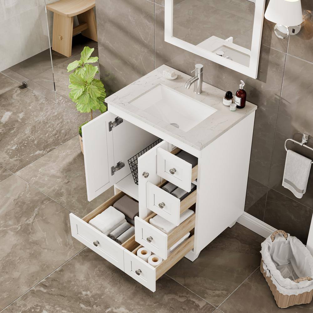 White 24" Bathroom Vanity with Carrara Quartz Top and Sink