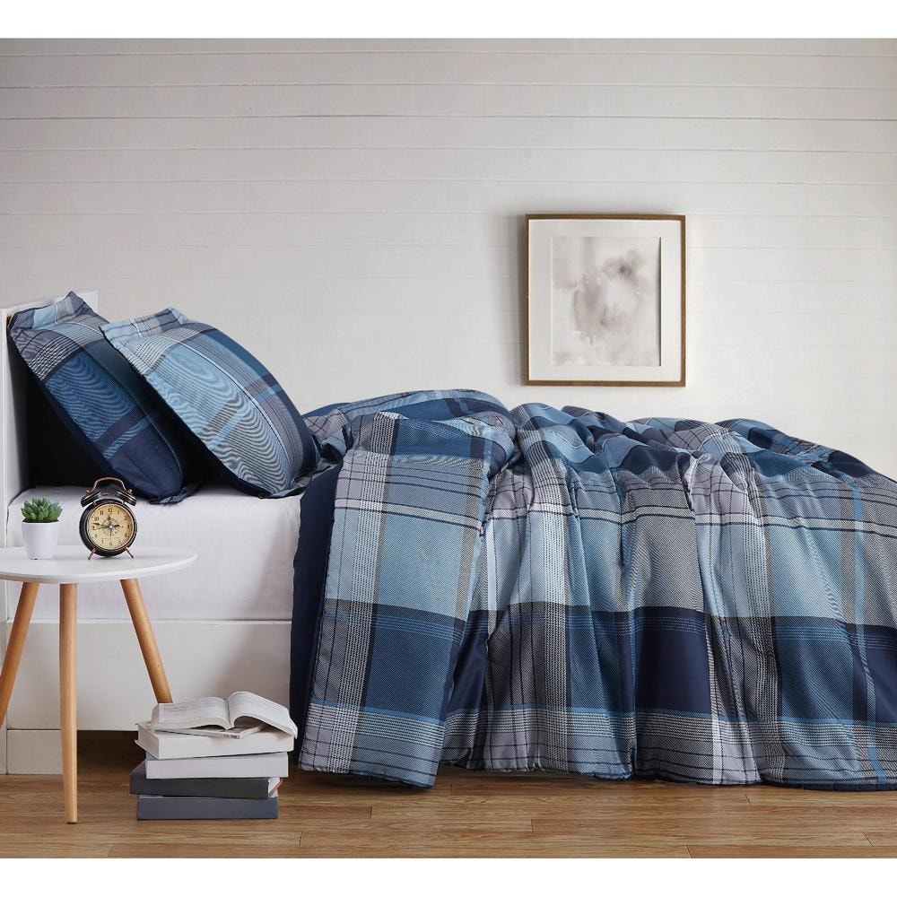 Twin XL Blue and Gray Plaid Microfiber Duvet Set