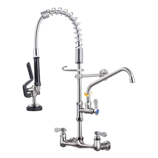 25 in Wall mounted faucet Triple Handle Pull Down Sprayer 360 Degree Spout Swivel Kitchen Faucet in Brushed Nickel