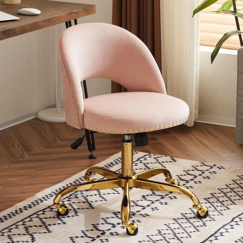 Velvet Fabric Swivel Task Chair in Pink with Armless