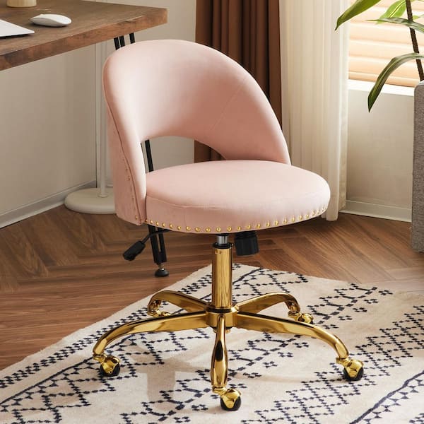 Velvet Fabric Swivel Task Chair in Pink with Armless