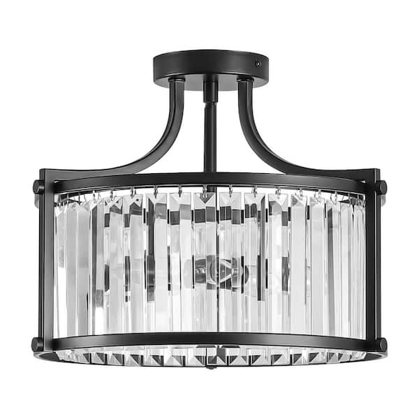 Arvin 14.76 in. W 4-Light Drum Shape Crystal Semi-Flush Mount Light, Modern Black Finish for Living Room, Dining Room
