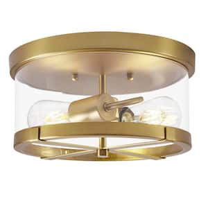11.8 in. 2-Light Gold Flush Mount Ceiling Light with Clear Glass Shade