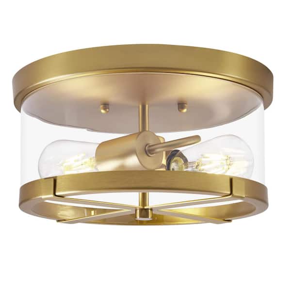 LamQee 11.8 in. 2-Light Gold Flush Mount Ceiling Light with Clear Glass Shade