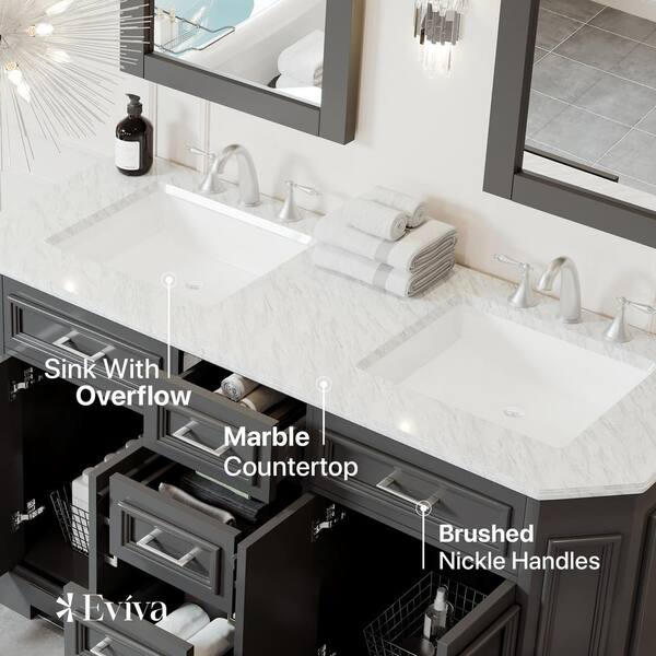 Eviva Glory 42 in. W x 22 in. D x 33 in. H Bathroom Vanity in Dark Gray with White Cararra Marble Top with White Sink