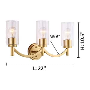 Devora 22 in. W x 5 in. H 3-Light Antique Gold Bathroom Vanity Light with Clear Glass Cylinder Shades