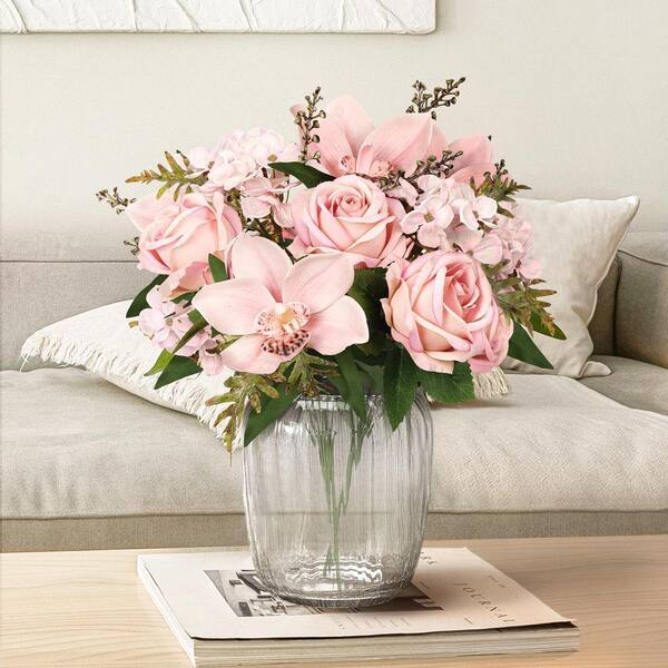 LIVING LUXURY 16 in. Blush Pink Artificial Mixed Rose Cymbidium