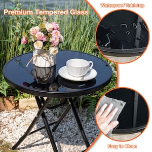 18.11" Patio Folding Round Table with Tempered Glass Top for Garden, Pool Yard, Courtyard