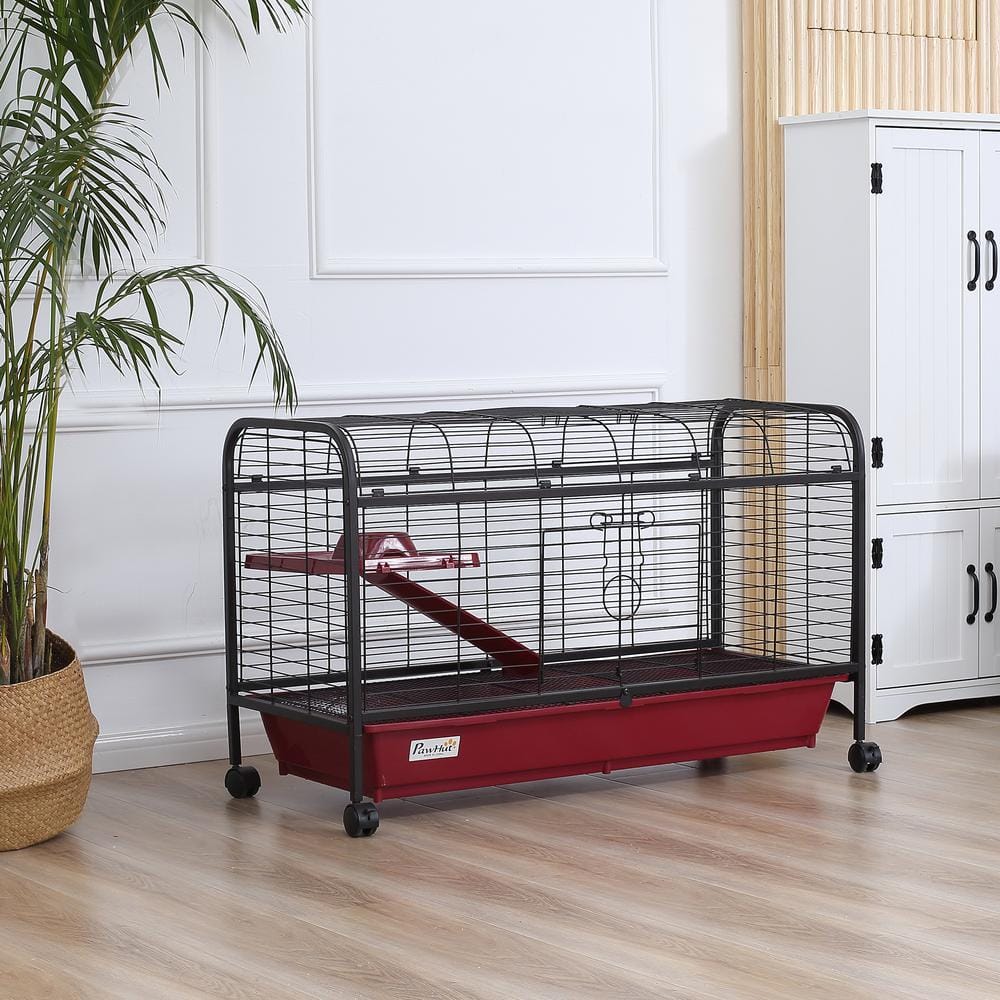 PawHut Red and Black Small Animal Cage with Ramp and Feeder