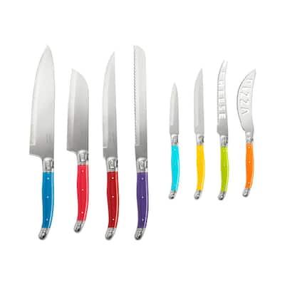 French Home 8-Piece Laguiole Kitchen Knife Set with Wood Block, Rainbow Colors