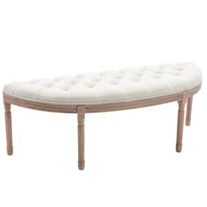 55 in. x 20 in. x 19.3 in. Beige Button Tufted Linen Fabric Upholstered Half Moon Bench w\ Padded Seat, Rubber Wood Legs
