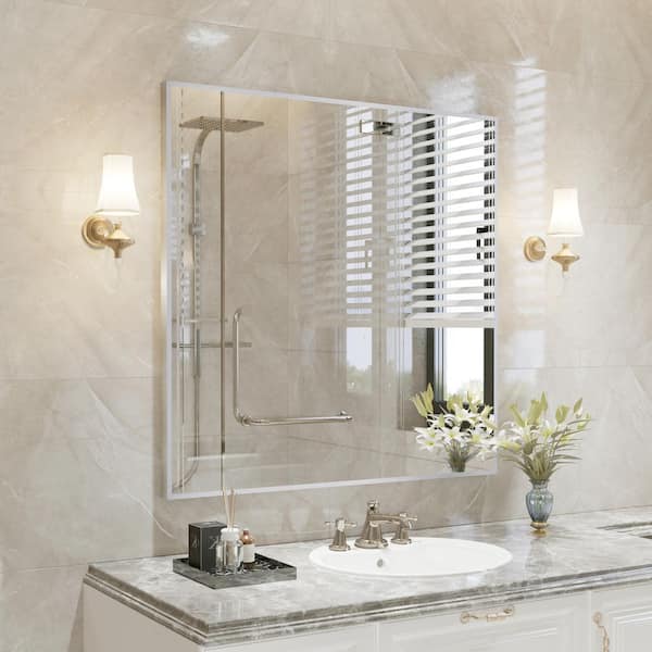 36 in. W x 36 in. H Aluminum Framed Rectangular Vanity Wall Mounted Mirror in Brushed Nichel