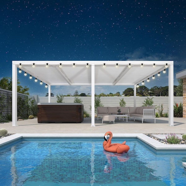 12 ft. x 20 ft. White Aluminum Frame Outdoor Louvered Pergola with Adjustable Sunshade Roof and Solar String Lights