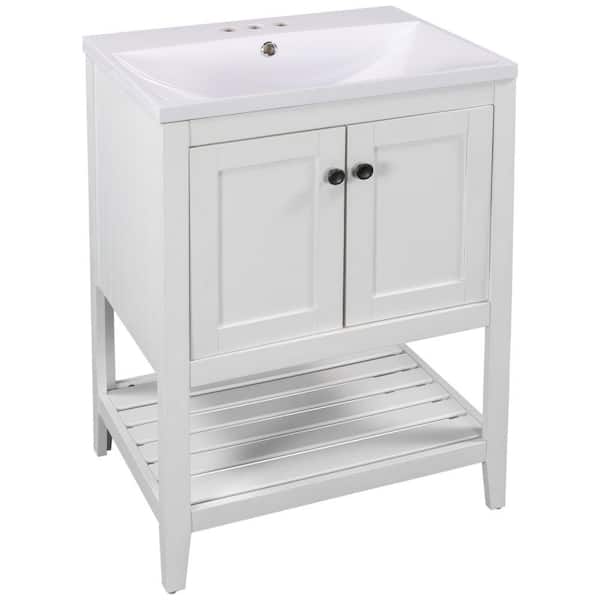Unbranded 24 in. W x 17.8 in. D x 33.6 in. H Sleek Bath Vanity in White with White Ceramic Sink and Open Shelf