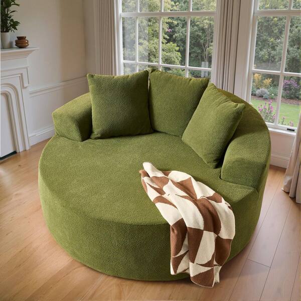 MIU 59 in. Wide Square Arm Cloud Velvet Fabric Round Sofa Chair Lounge Chaise Sleeper Bed with Pillows in. Green