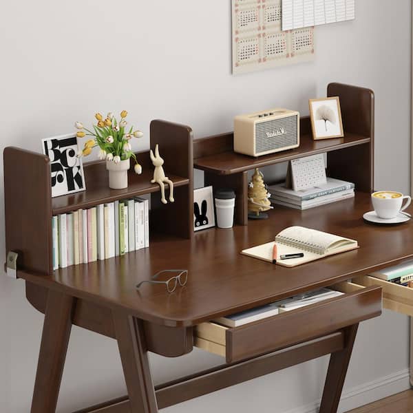 1-Piece Brown Kids Study Desk Rubber Wood with Bookshelf and 2-Drawers, Study/Writing Table for Bedroom Home Office