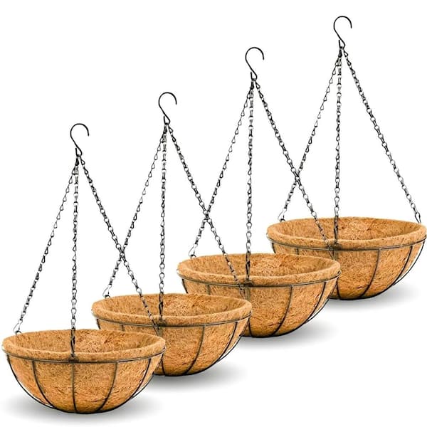 14 in. Round Metal Hanging Baskets with Coco Fiber Liners and Chains for Outdoor Garden Patio Deck Porch Plants