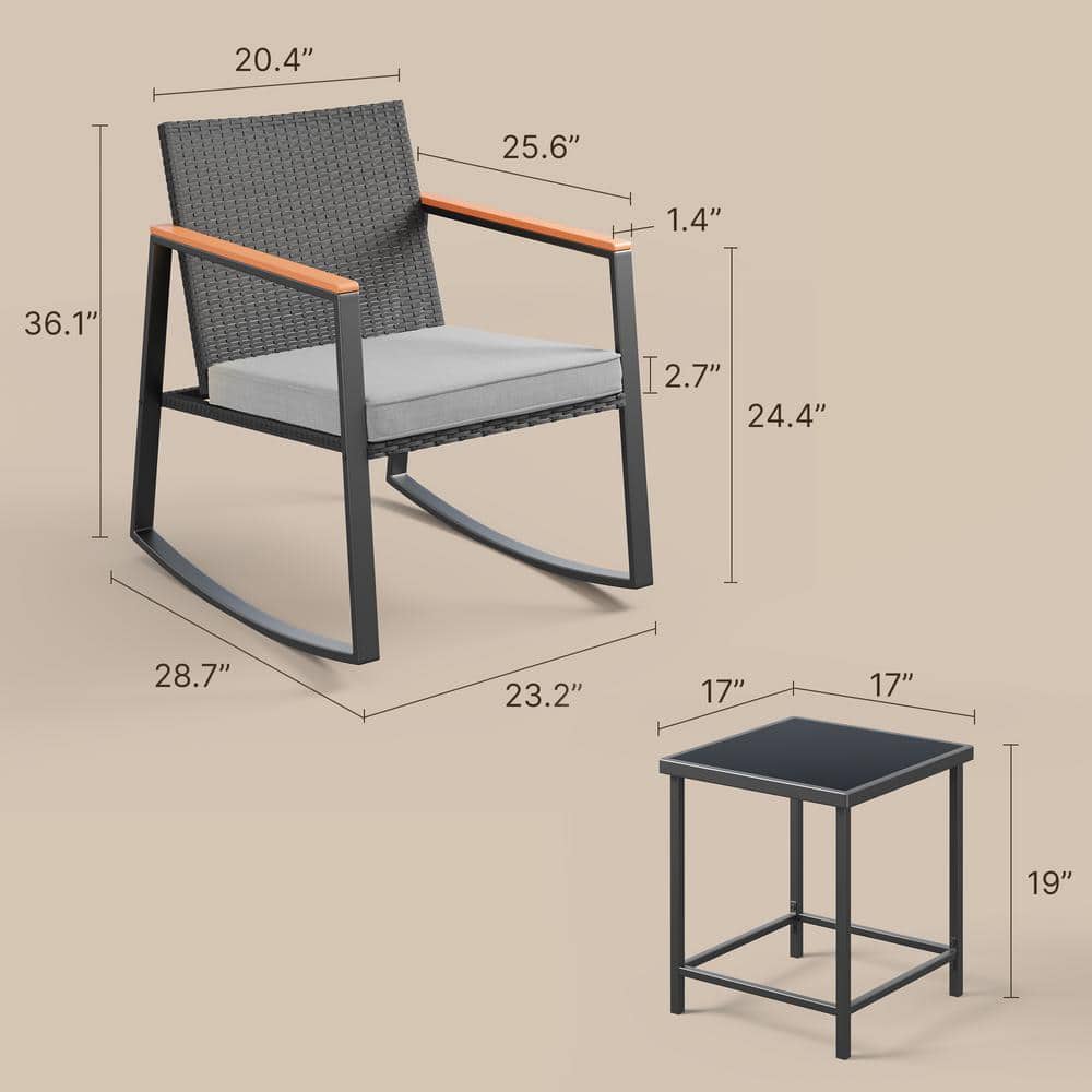 Gray Wicker and Steel 3-Piece Patio Rocking Chair Set