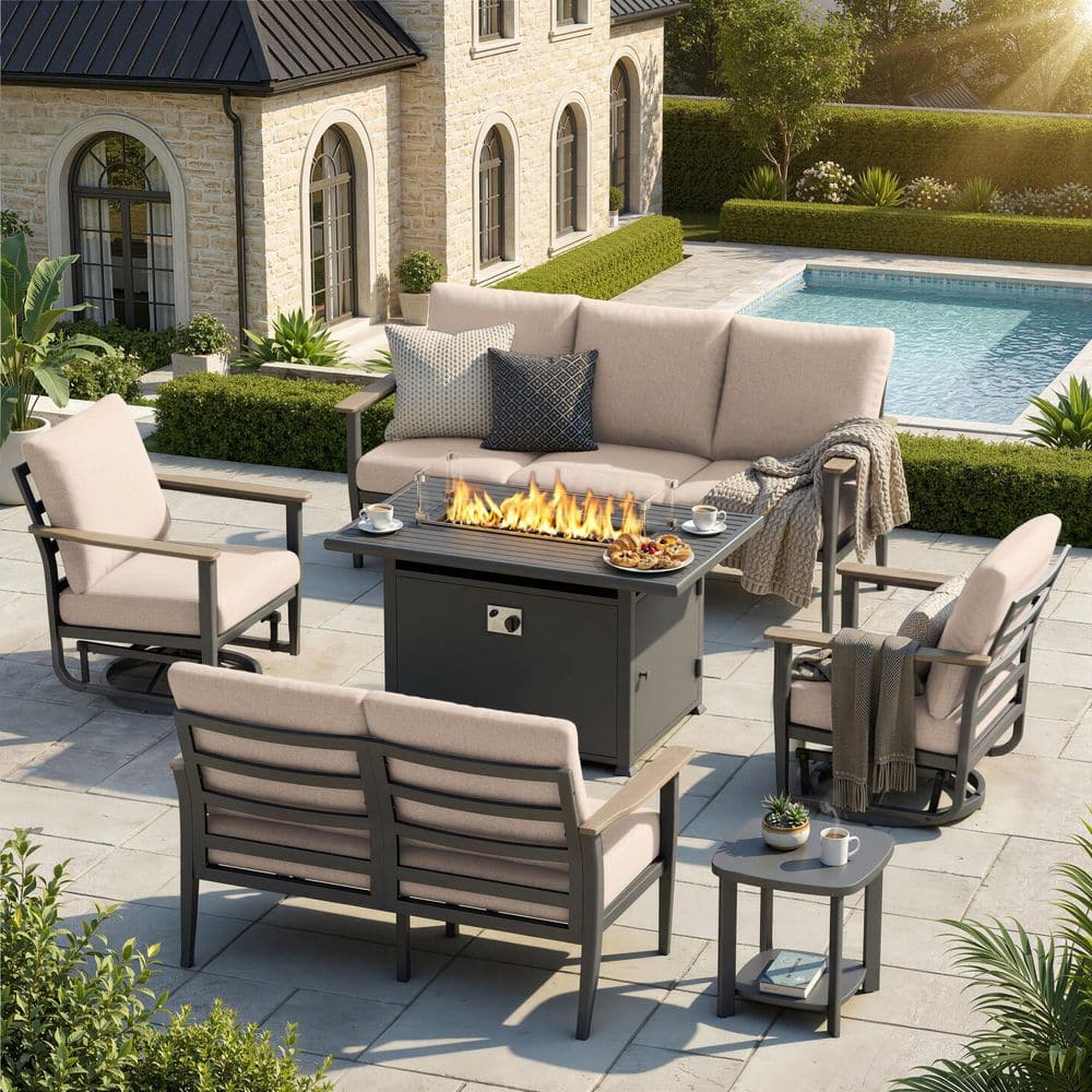 6-Piece Aluminum Patio Conversation Set with Fire Table, 3-Seat Sofa, Loveseat, 2 Swivel Rockers, End Table, Beige price history on PriceWatchPro