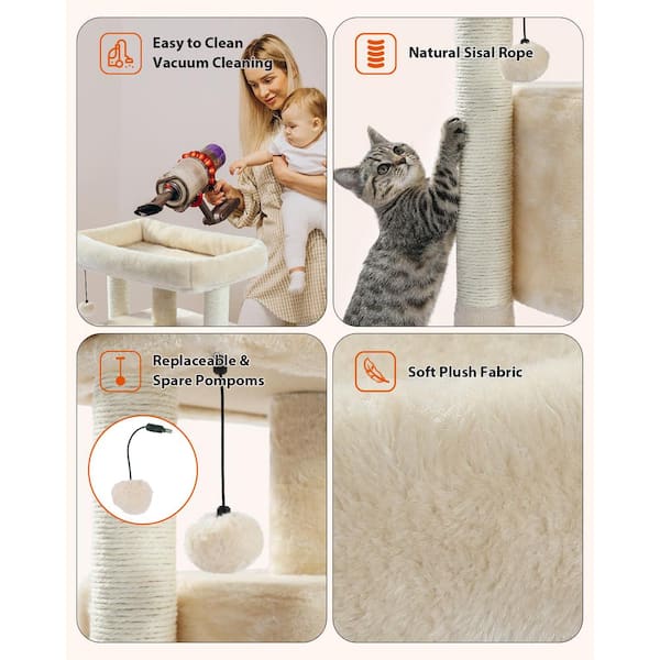 29 in. Cat Tree Tower for Indoor Cats Cat Condo with Sisal Scratching Posts Plush Perch Cat Bed Furniture Beige