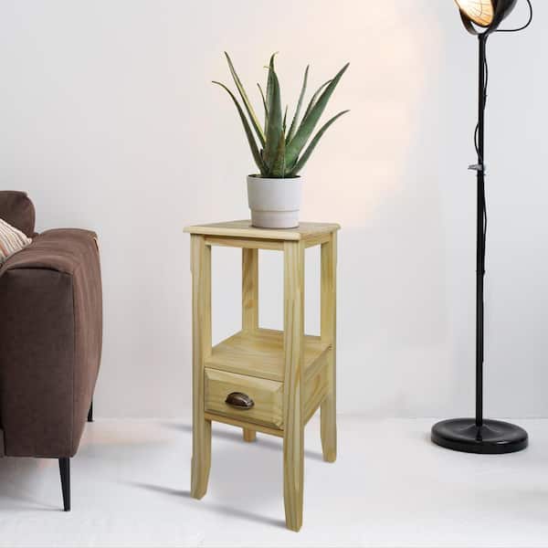 Casual Home 2-Tier Tall 13 in. Natural Square Solid Wood End Table Side Table with Drawer